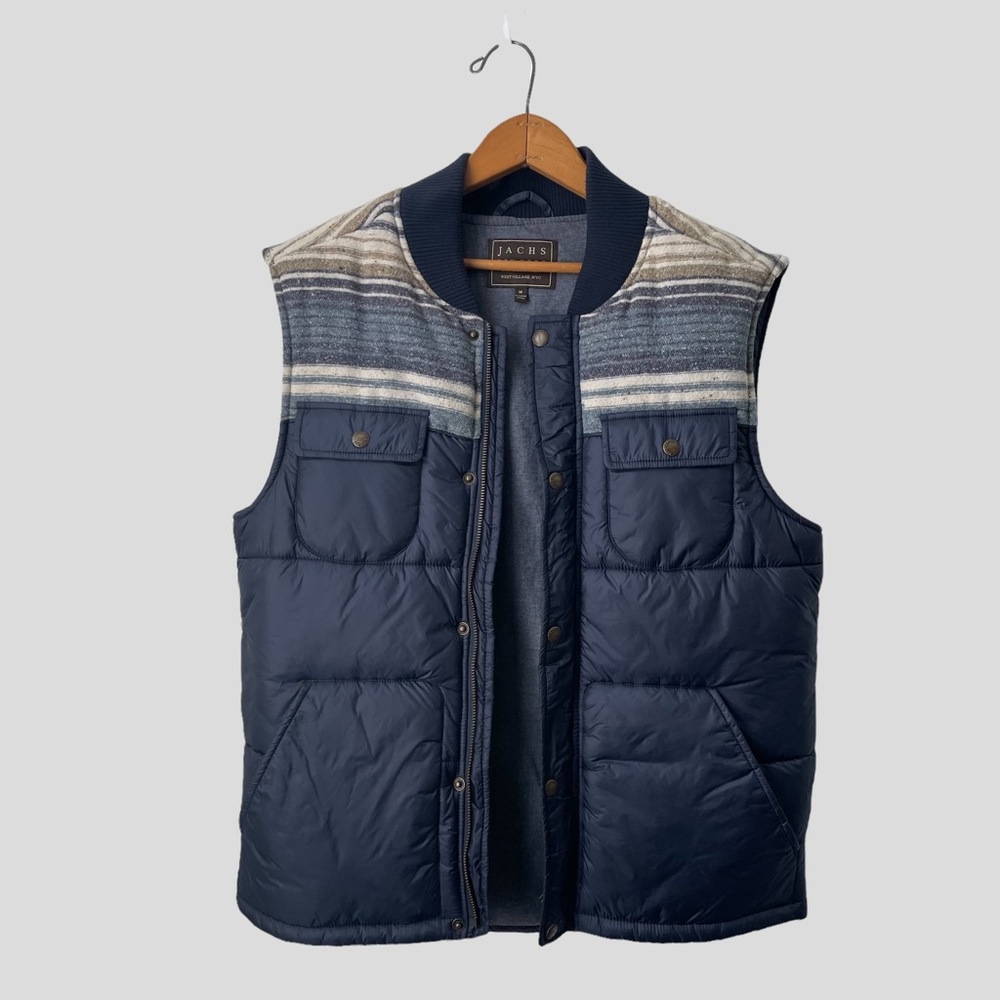 JACHS New York Vintage Blue Lined Puff Vest with Blue Grey Striped Top - Medium